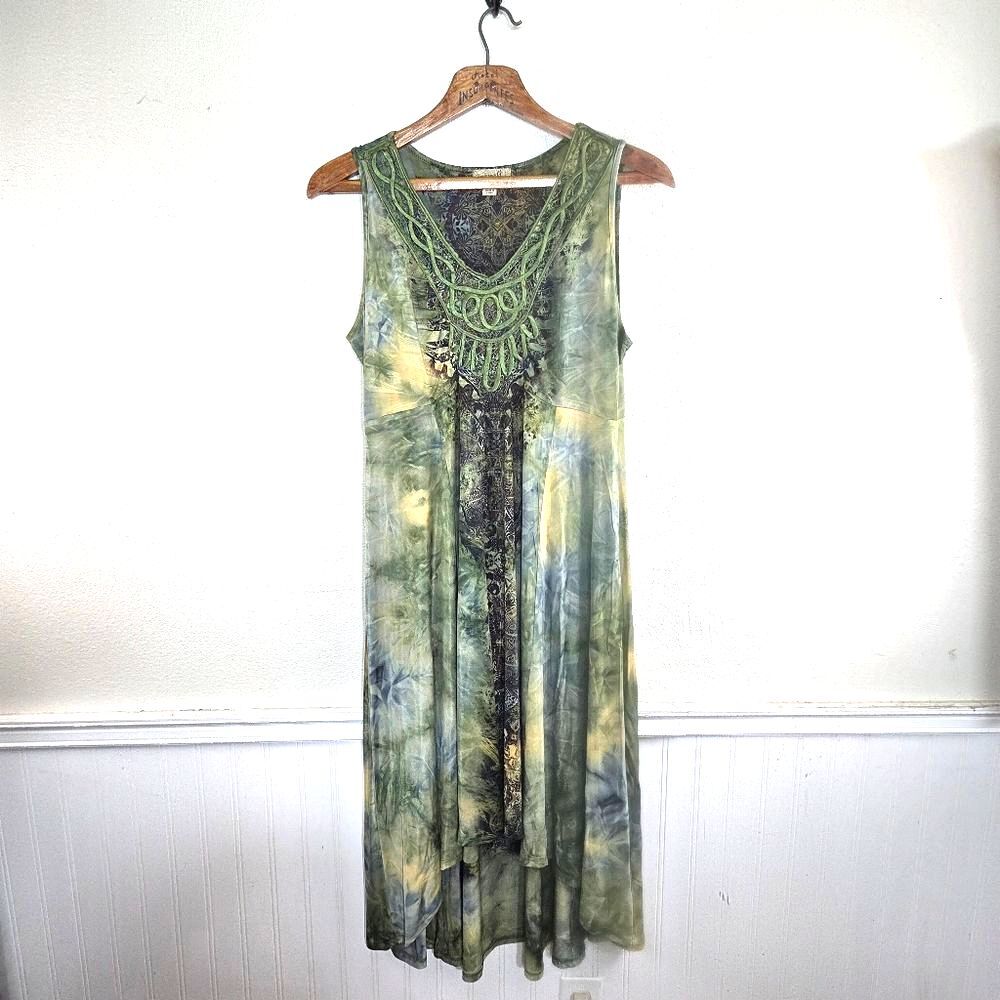 Women's One World Boho Hippe Green Tie-Dye Ribbon Lace Sleeveless Dress Size LRG